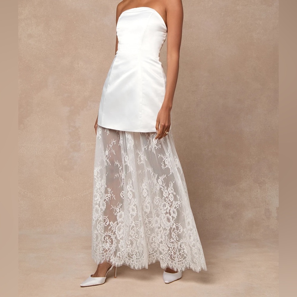 Lulus Winslet White Satin Lace Strapless Maxi Dress Bridal Engagement Wedding XS